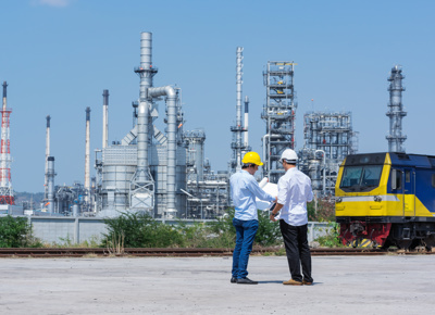 Workers in hard hats industrial logistics landscape