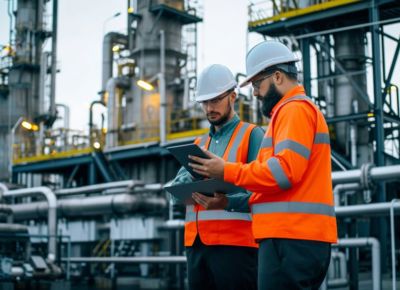 Two workers on chemical plant