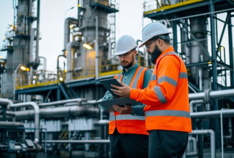 Two workers on chemical plant