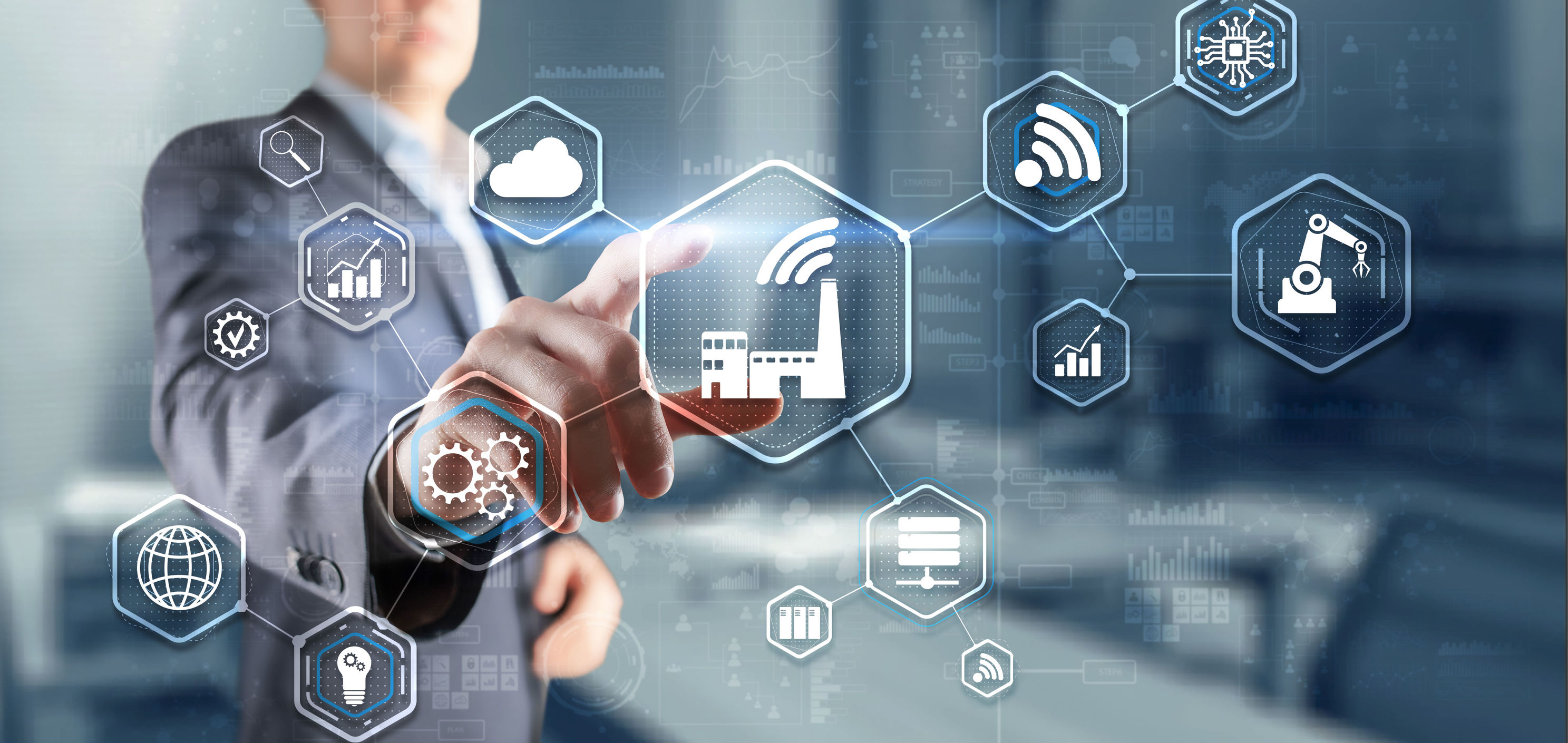 AI generated image of businessman pointing at technology icon overlay