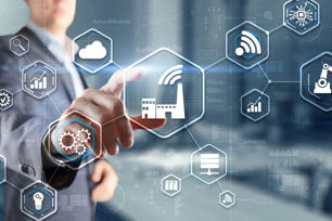 AI generated image of businessman pointing at technology icon overlay